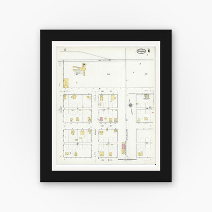 Old map wall art mockup — black gallery frame with white mat — Sanborn Fire Insurance Map from Quanah, Hardeman County, Texas (1921), Sheet #0006