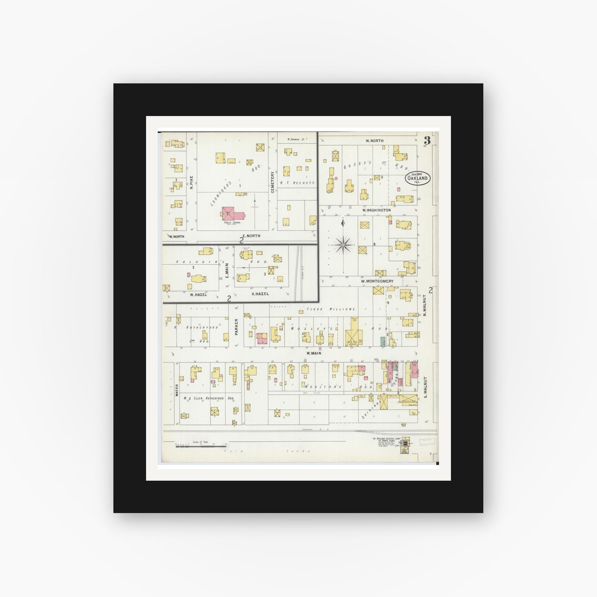 Old map wall art mockup — black gallery frame with white mat — Sanborn Fire Insurance Map from Oakland, Coles County, Illinois (1899), Sheet #0003