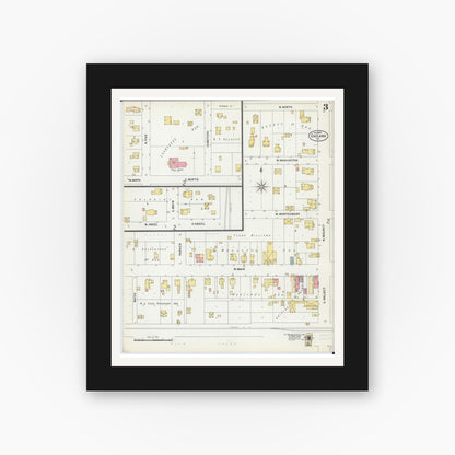 Old map wall art mockup — black gallery frame with white mat — Sanborn Fire Insurance Map from Oakland, Coles County, Illinois (1899), Sheet #0003