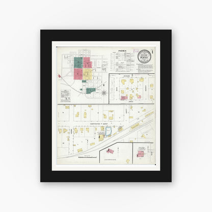 Old map wall art mockup — black gallery frame with white mat — Sanborn Fire Insurance Map from Memphis, Scotland County, Missouri (1909), Sheet #0001