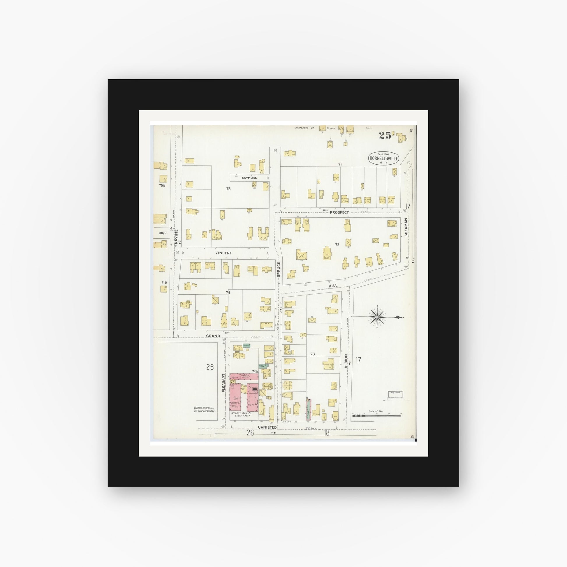 Old map wall art mockup — black gallery frame with white mat — Sanborn Fire Insurance Map from Hornell, Steuben County, New York (1904), Sheet #0025