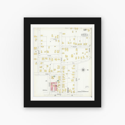 Old map wall art mockup — black gallery frame with white mat — Sanborn Fire Insurance Map from Hornell, Steuben County, New York (1904), Sheet #0025