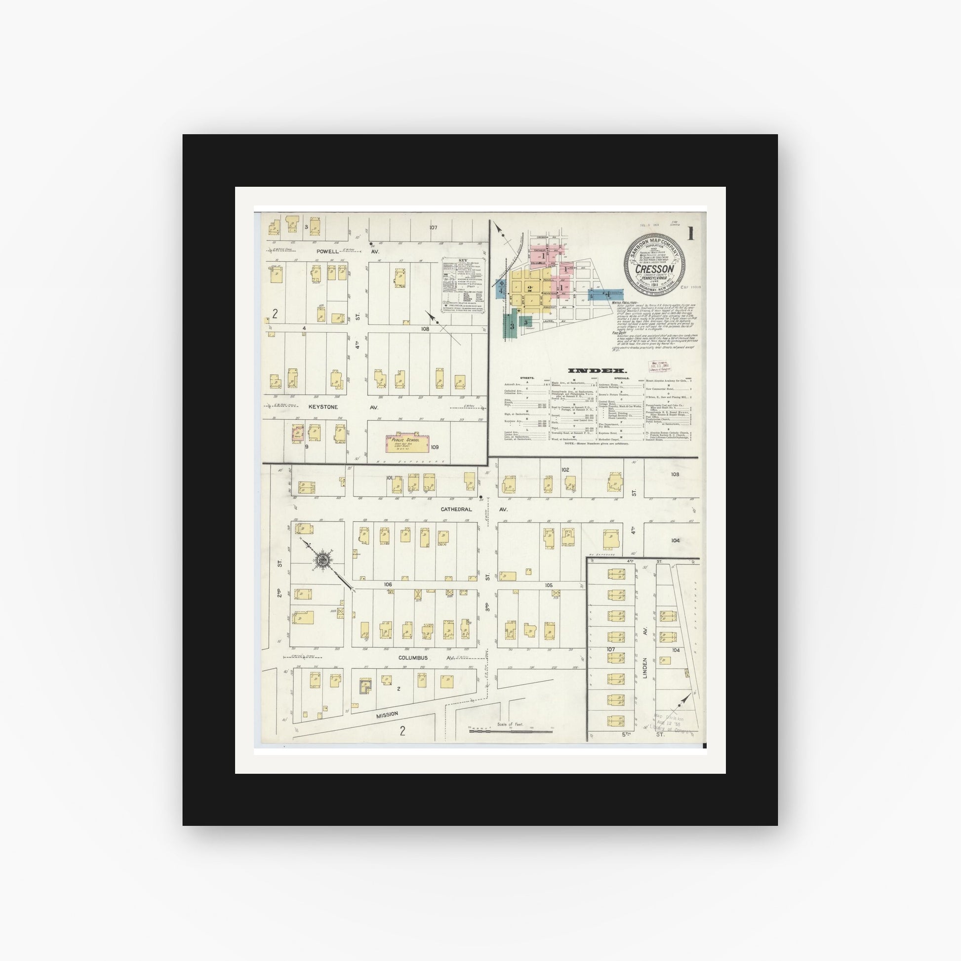 Old map wall art mockup — black gallery frame with white mat — Sanborn Fire Insurance Map from Cresson, Cambria County, Pennsylvania (1911) - Complete Map Set