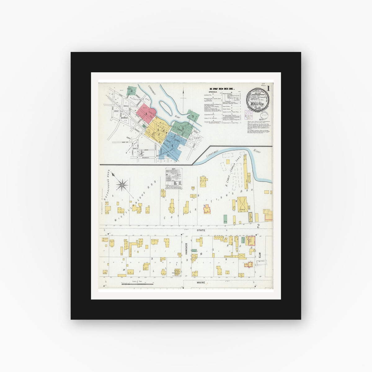 Old map wall art mockup — black gallery frame with white mat — Sanborn Fire Insurance Map from Mauston, Juneau County, Wisconsin (1901), Sheet #0001