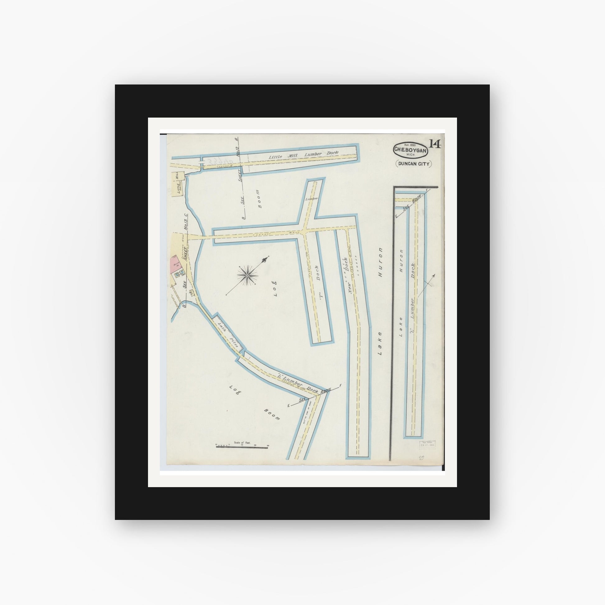 Old map wall art mockup — black gallery frame with white mat — Sanborn Fire Insurance Map from Cheboygan, Cheboygan County, Michigan (1890), Sheet #0014