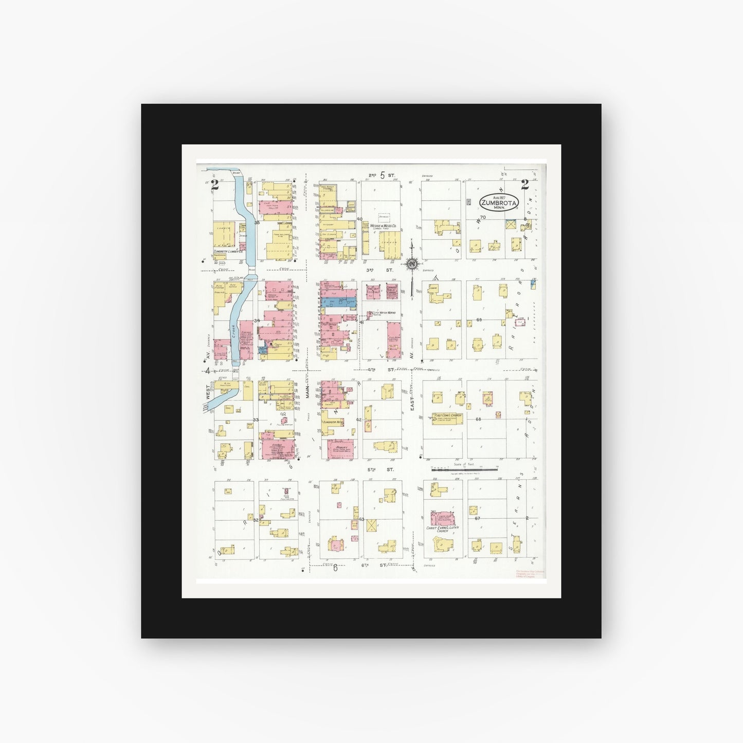 Old map wall art mockup — black gallery frame with white mat — Sanborn Fire Insurance Map from Zumbrota, Goodhue County, Minnesota (1927), Sheet #0002