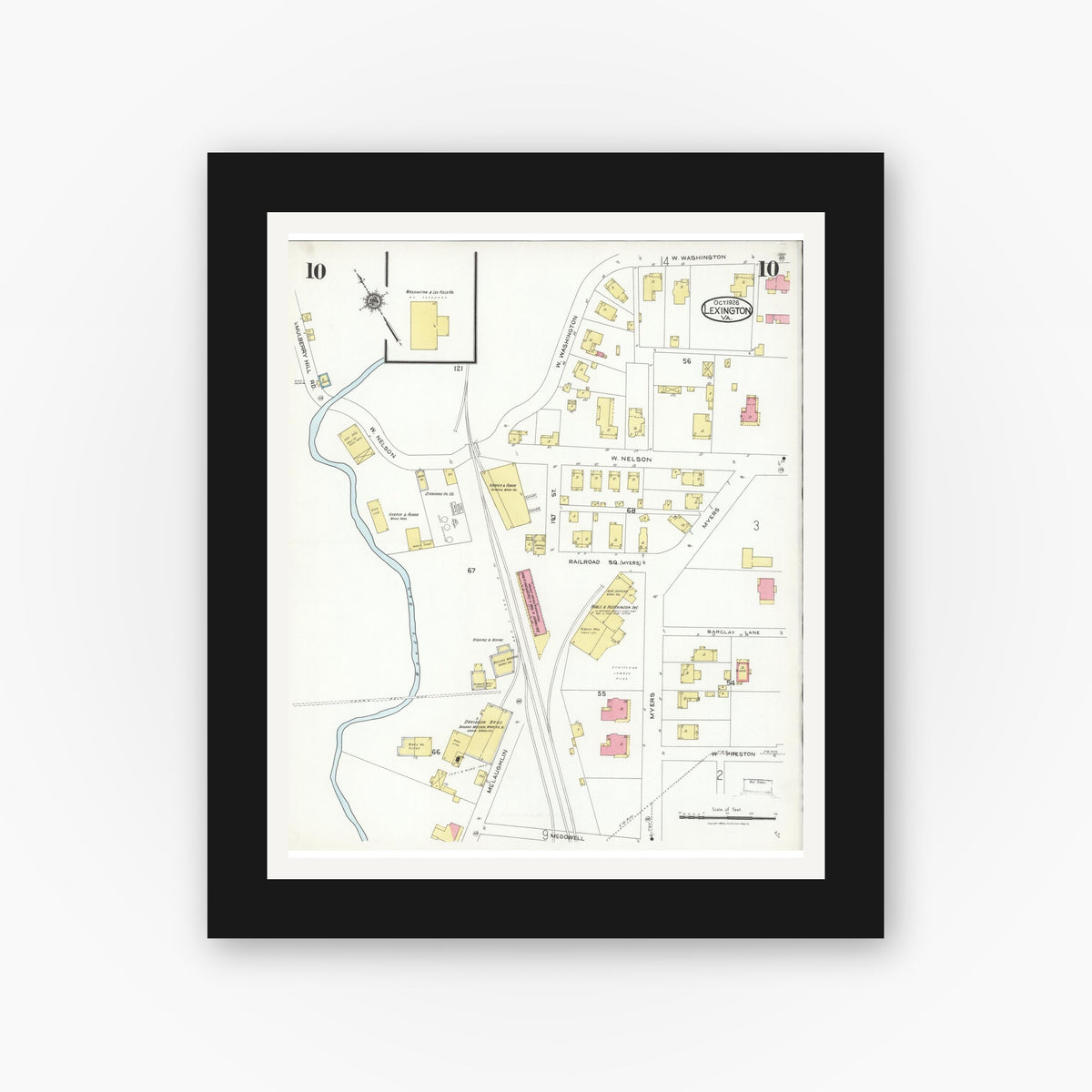 Old map wall art mockup — black gallery frame with white mat — Sanborn Fire Insurance Map from Lexington, Independent Cities, Virginia (1926), Sheet #0010