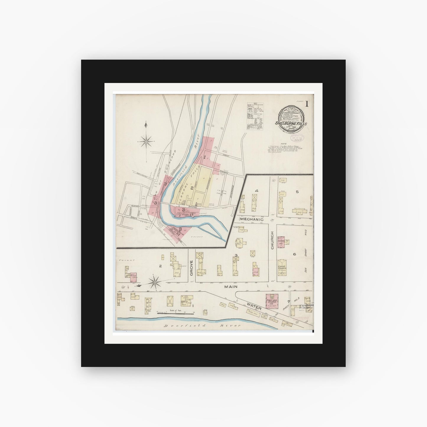 Old map wall art mockup — black gallery frame with white mat — Sanborn Fire Insurance Map from Shelburne Falls, Franklin County, Massachusetts (1885), Sheet #0001