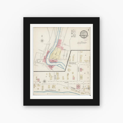 Old map wall art mockup — black gallery frame with white mat — Sanborn Fire Insurance Map from Shelburne Falls, Franklin County, Massachusetts (1885), Sheet #0001