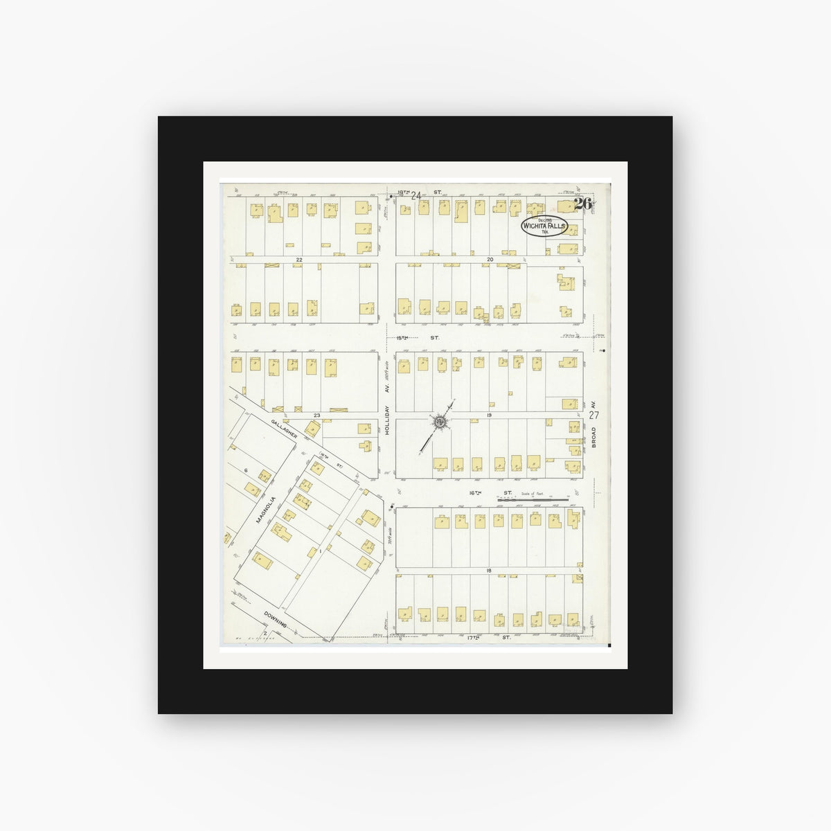Old map wall art mockup — black gallery frame with white mat — Sanborn Fire Insurance Map from Wichita Falls, Wichita County, Texas (1915), Sheet #0026