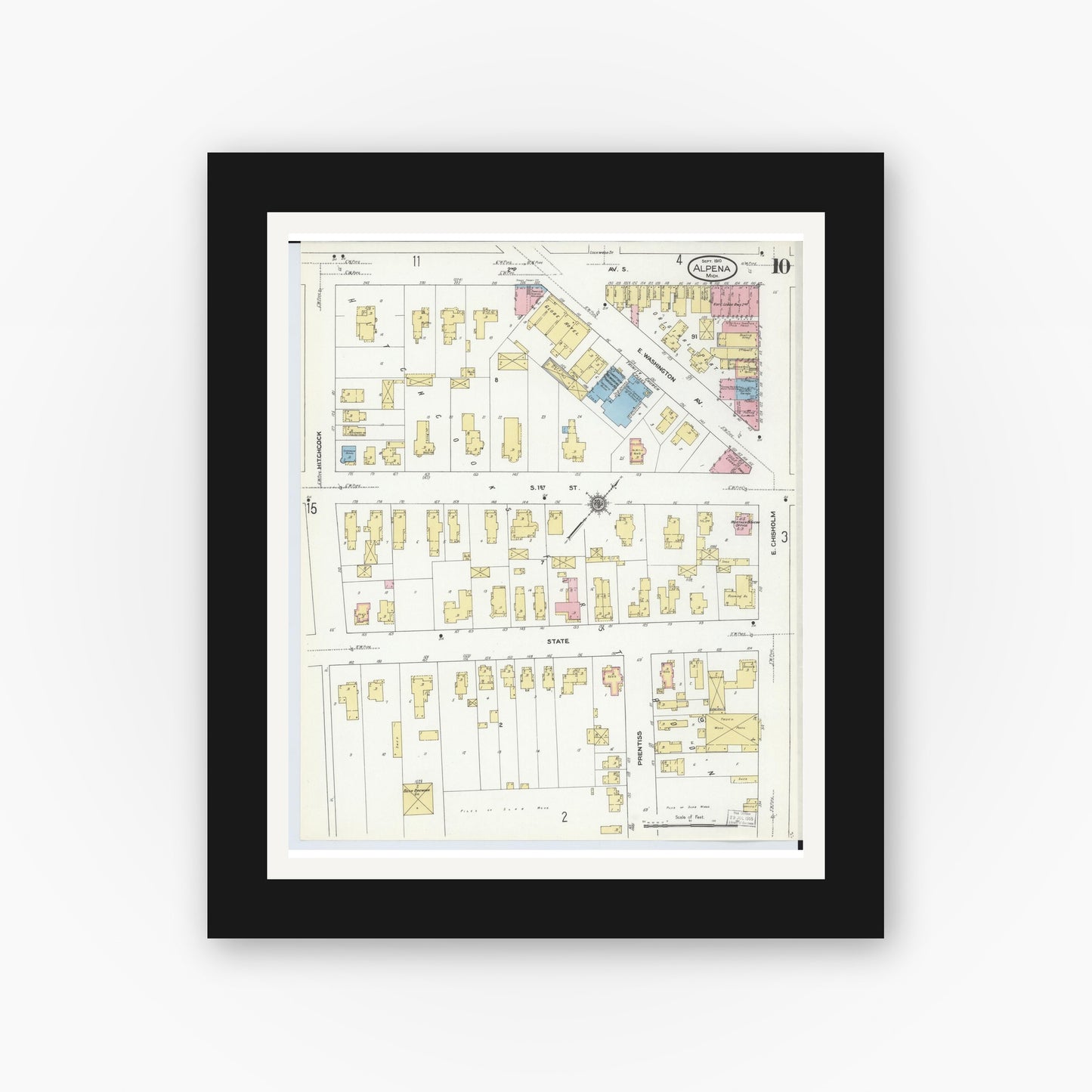 Old map wall art mockup — black gallery frame with white mat — Sanborn Fire Insurance Map from Alpena, Alpena County, Michigan (1910), Sheet #0010