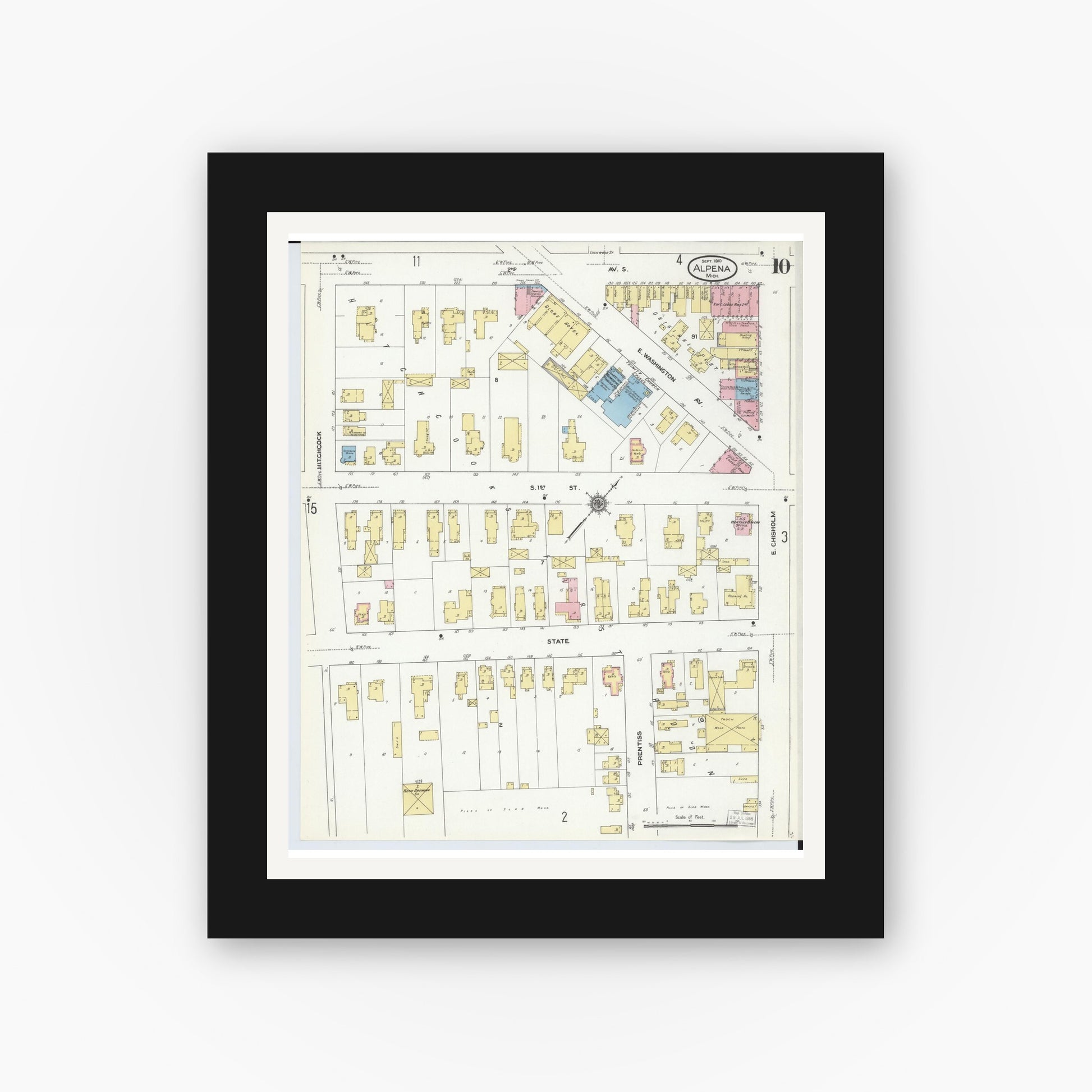 Old map wall art mockup — black gallery frame with white mat — Sanborn Fire Insurance Map from Alpena, Alpena County, Michigan (1910), Sheet #0010