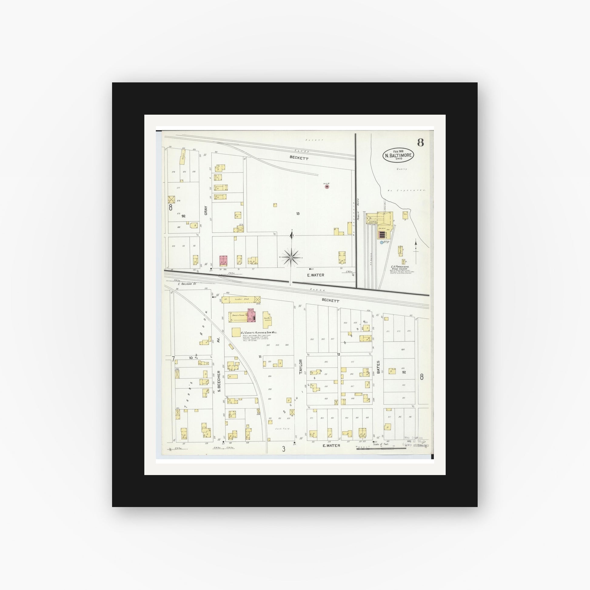 Old map wall art mockup — black gallery frame with white mat — Sanborn Fire Insurance Map from North Baltimore, Wood County, Ohio (1908), Sheet #0008