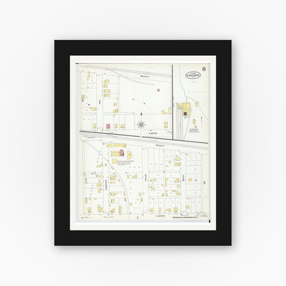 Old map wall art mockup — black gallery frame with white mat — Sanborn Fire Insurance Map from North Baltimore, Wood County, Ohio (1908), Sheet #0008