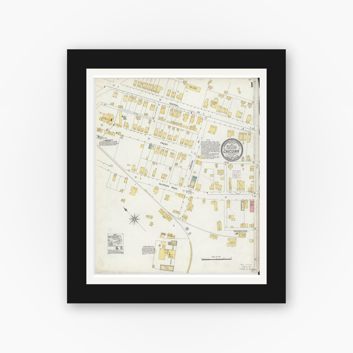 Old map wall art mockup — black gallery frame with white mat — Sanborn Fire Insurance Map from Chicora, Butler County, Pennsylvania (1906) - Complete Map Set