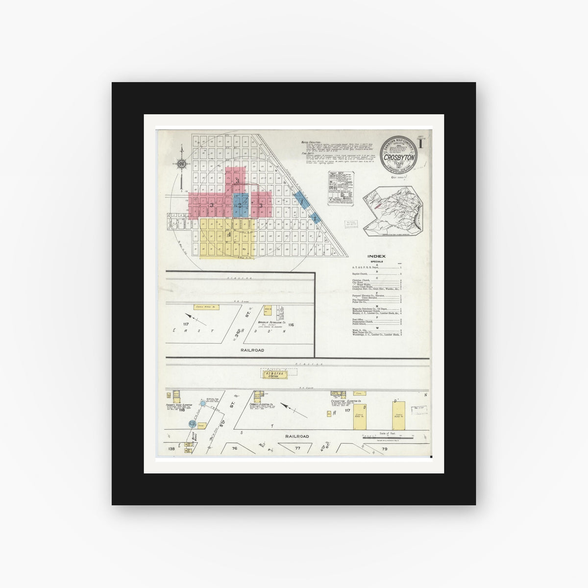 Old map wall art mockup — black gallery frame with white mat — Sanborn Fire Insurance Map from Crosbyton, Crosby County, Texas (1921) - Complete Map Set