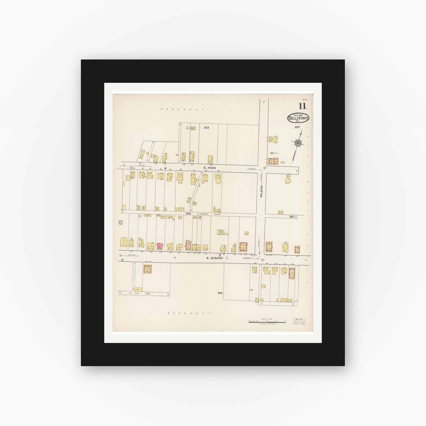 Old map wall art mockup — black gallery frame with white mat — Sanborn Fire Insurance Map from Bellefonte, Centre County, Pennsylvania (1922), Sheet #0011