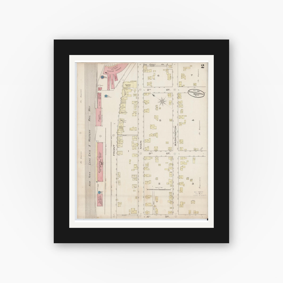 Old map wall art mockup — black gallery frame with white mat — Sanborn Fire Insurance Map from Susquehanna, Susquehanna County, Pennsylvania (1885), Sheet #0002