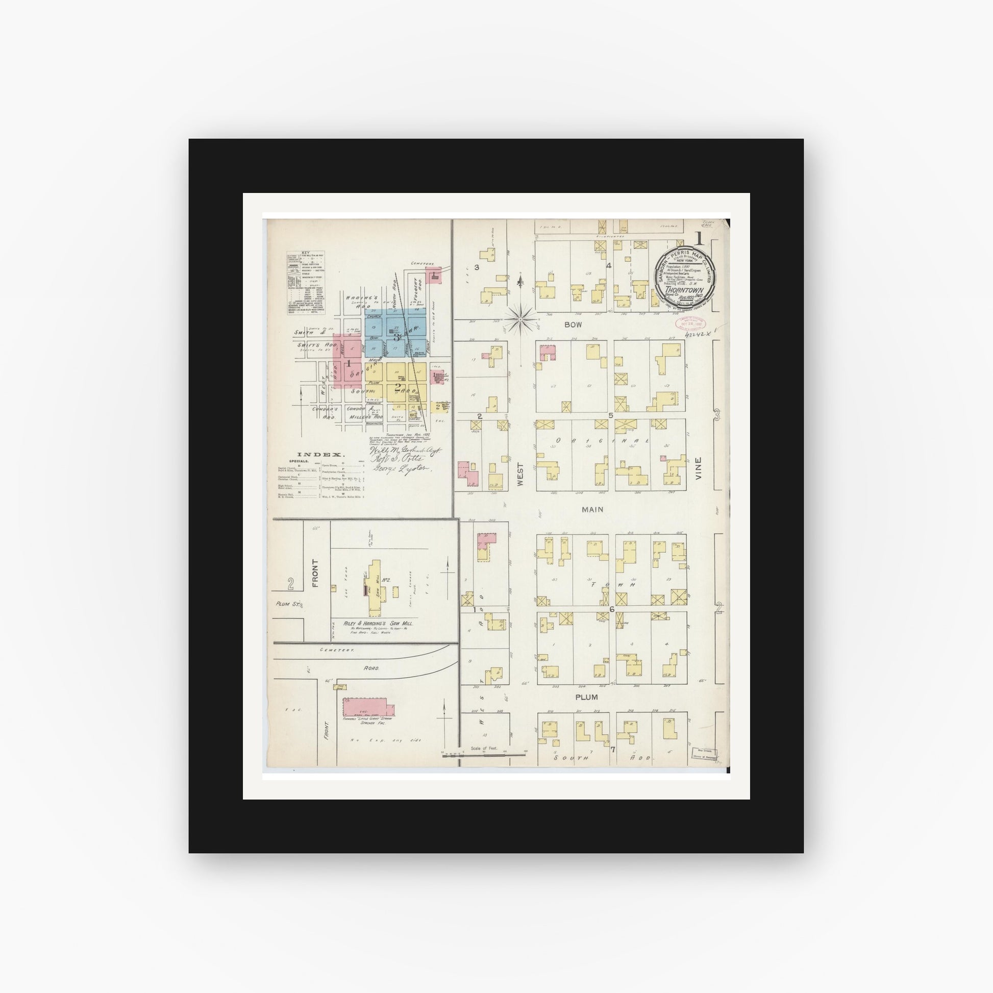 Old map wall art mockup — black gallery frame with white mat — Sanborn Fire Insurance Map from Thorntown, Boone County, Indiana (1892) - Complete Map Set