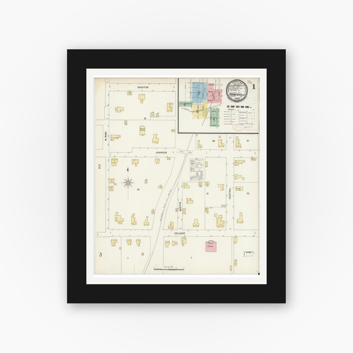Old map wall art mockup — black gallery frame with white mat — Sanborn Fire Insurance Map from Farmersville, Collin County, Texas (1897) - Complete Map Set