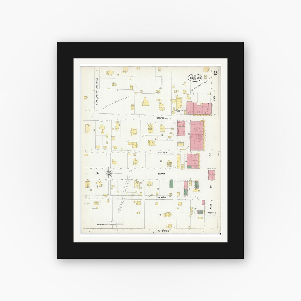 Old map wall art mockup — black gallery frame with white mat — Sanborn Fire Insurance Map from Henderson, Rusk County, Texas (1901), Sheet #0002