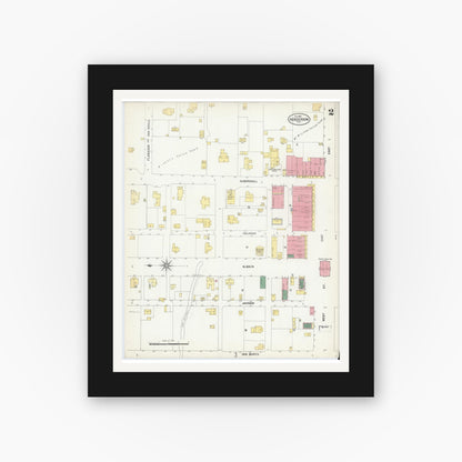 Old map wall art mockup — black gallery frame with white mat — Sanborn Fire Insurance Map from Henderson, Rusk County, Texas (1901), Sheet #0002