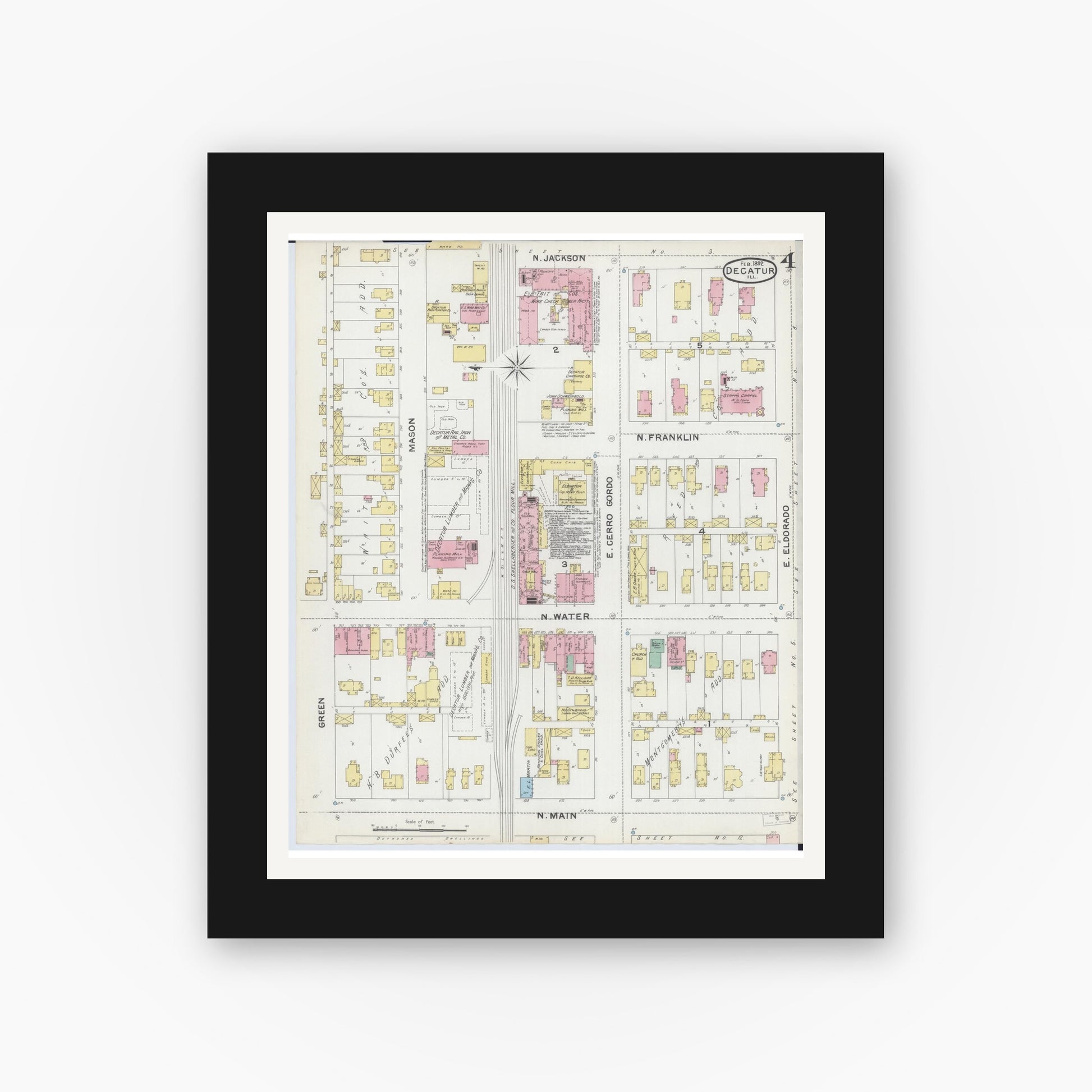 Old map wall art mockup — black gallery frame with white mat — Sanborn Fire Insurance Map from Decatur, Macon County, Illinois (1892), Sheet #0004