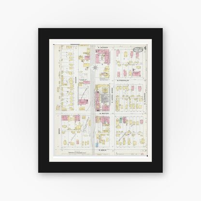 Old map wall art mockup — black gallery frame with white mat — Sanborn Fire Insurance Map from Decatur, Macon County, Illinois (1892), Sheet #0004