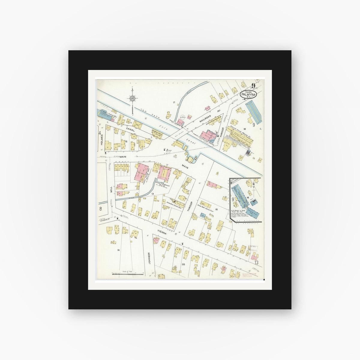 Old map wall art mockup — black gallery frame with white mat — Sanborn Fire Insurance Map from Palmyra, Wayne County, New York (1912), Sheet #0009