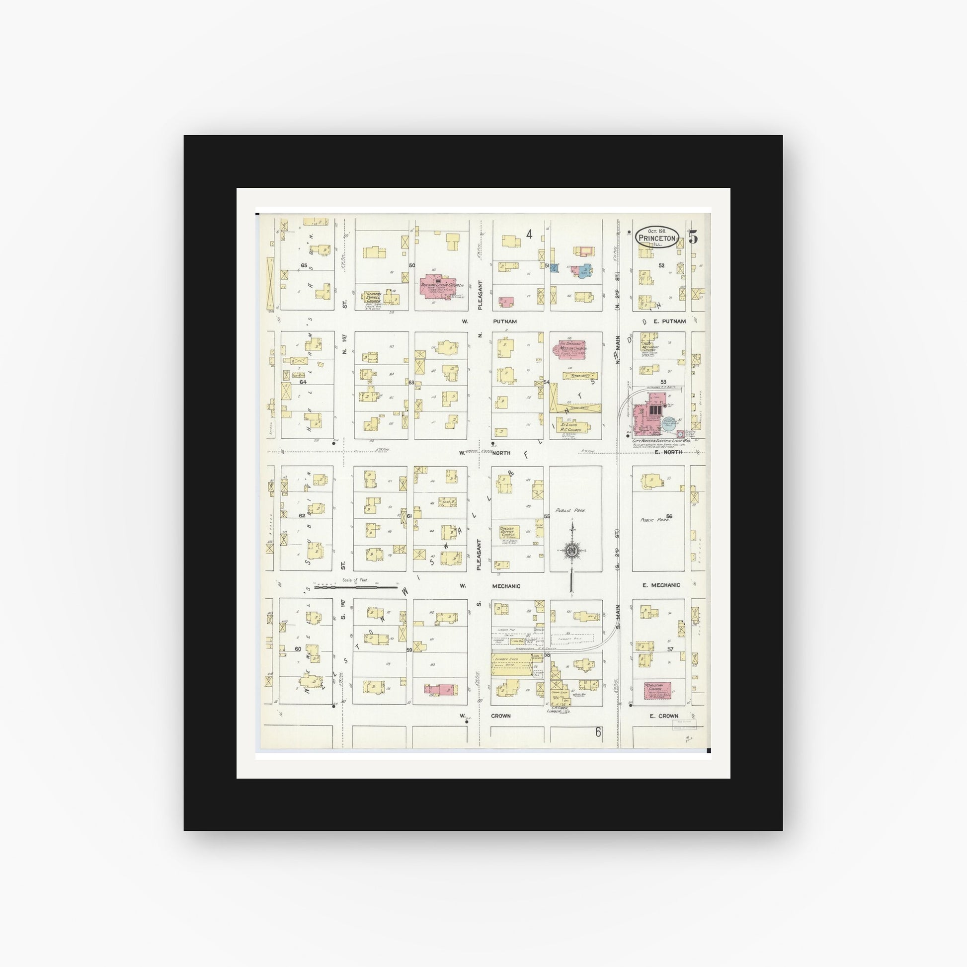 Old map wall art mockup — black gallery frame with white mat — Sanborn Fire Insurance Map from Princeton, Bureau County, Illinois (1911), Sheet #0005