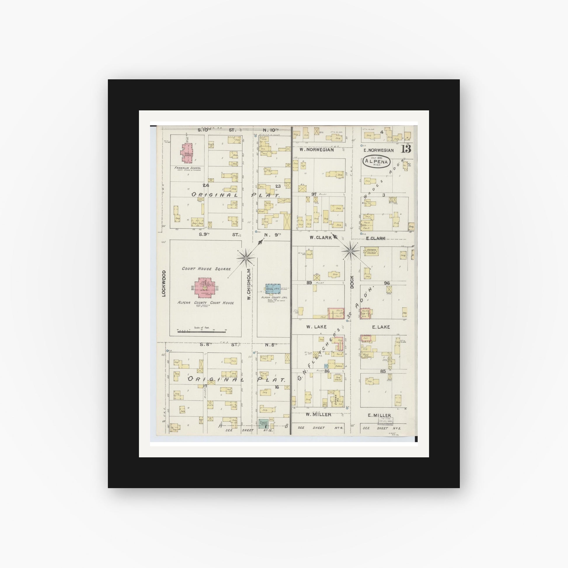 Old map wall art mockup — black gallery frame with white mat — Sanborn Fire Insurance Map from Alpena, Alpena County, Michigan (1890), Sheet #0013