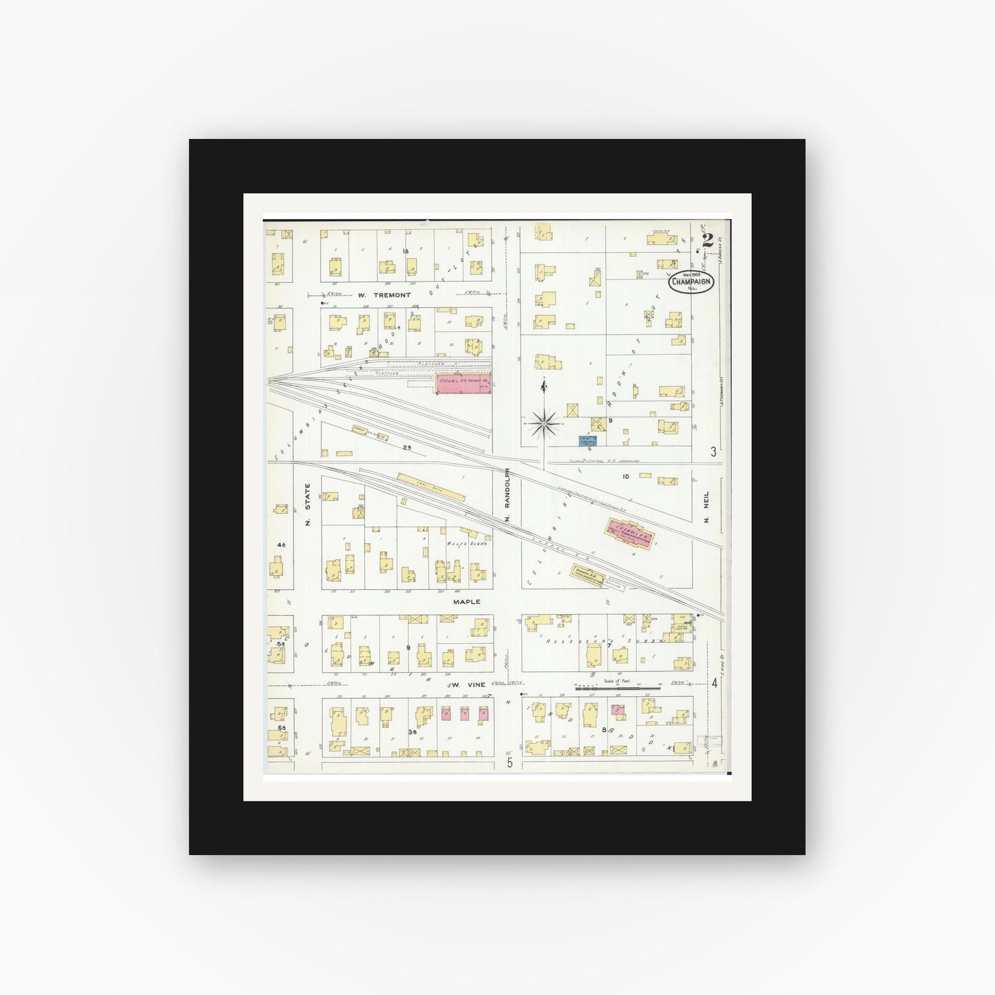 Old map wall art mockup — black gallery frame with white mat — Sanborn Fire Insurance Map from Champaign, Champaign County, Illinois (1909), Sheet #0002
