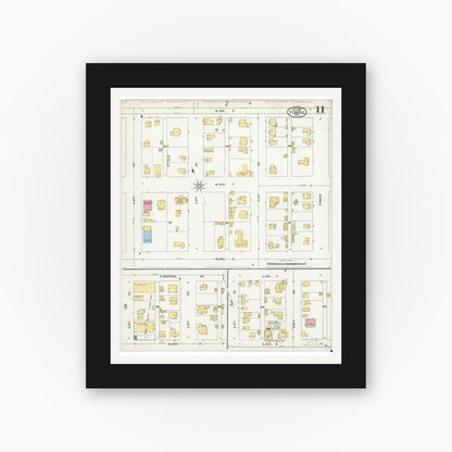 Old map wall art mockup — black gallery frame with white mat — Sanborn Fire Insurance Map from Temple, Bell County, Texas (1905), Sheet #0011