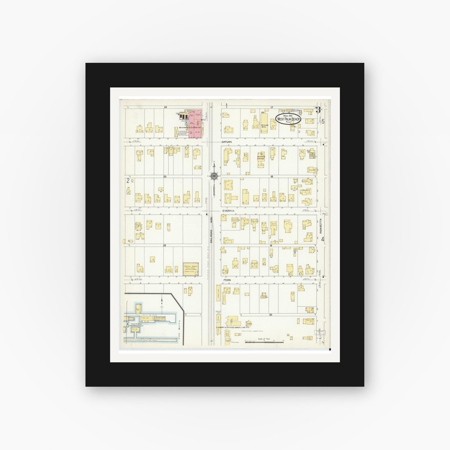 Old map wall art mockup — black gallery frame with white mat — Sanborn Fire Insurance Map from West Palm Beach, Dade County, Florida (1912), Sheet #0003