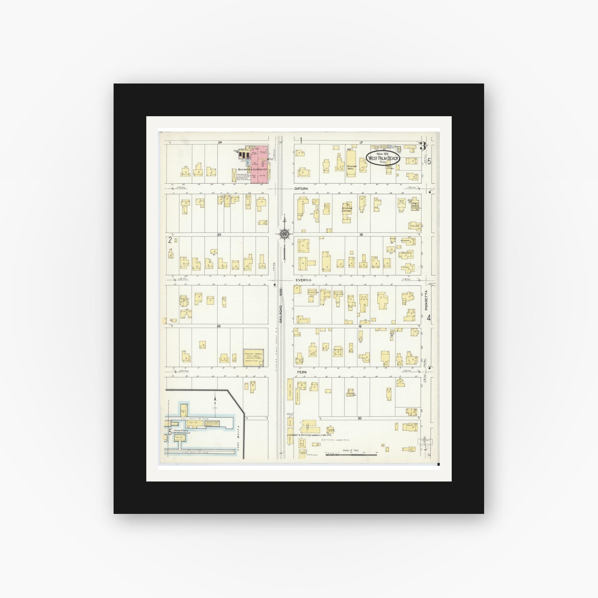 Old map wall art mockup — black gallery frame with white mat — Sanborn Fire Insurance Map from West Palm Beach, Dade County, Florida (1912), Sheet #0003