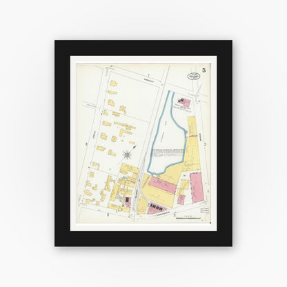 Old map wall art mockup — black gallery frame with white mat — Sanborn Fire Insurance Map from Peabody, Essex County, Massachusetts (1907), Sheet #0005
