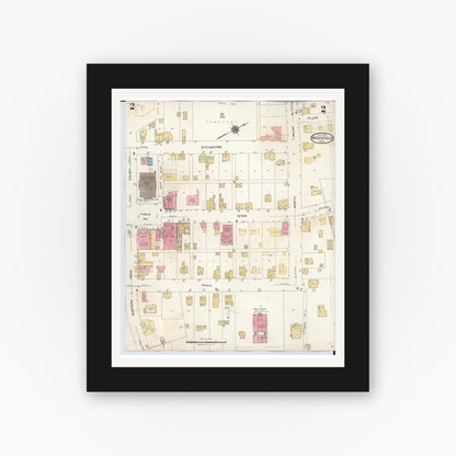 Old map wall art mockup — black gallery frame with white mat — Sanborn Fire Insurance Map from Woodsfield, Monroe County, Ohio (1949), Sheet #0002