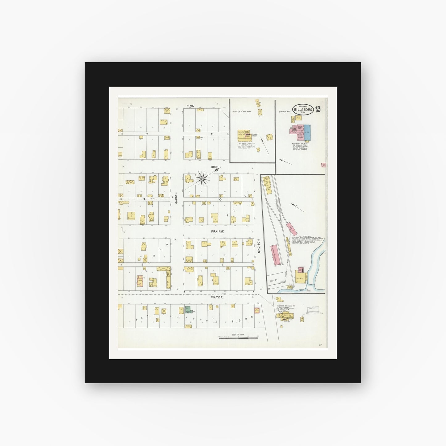Old map wall art mockup — black gallery frame with white mat — Sanborn Fire Insurance Map from Hillsboro, Vernon County, Wisconsin (1904), Sheet #0002