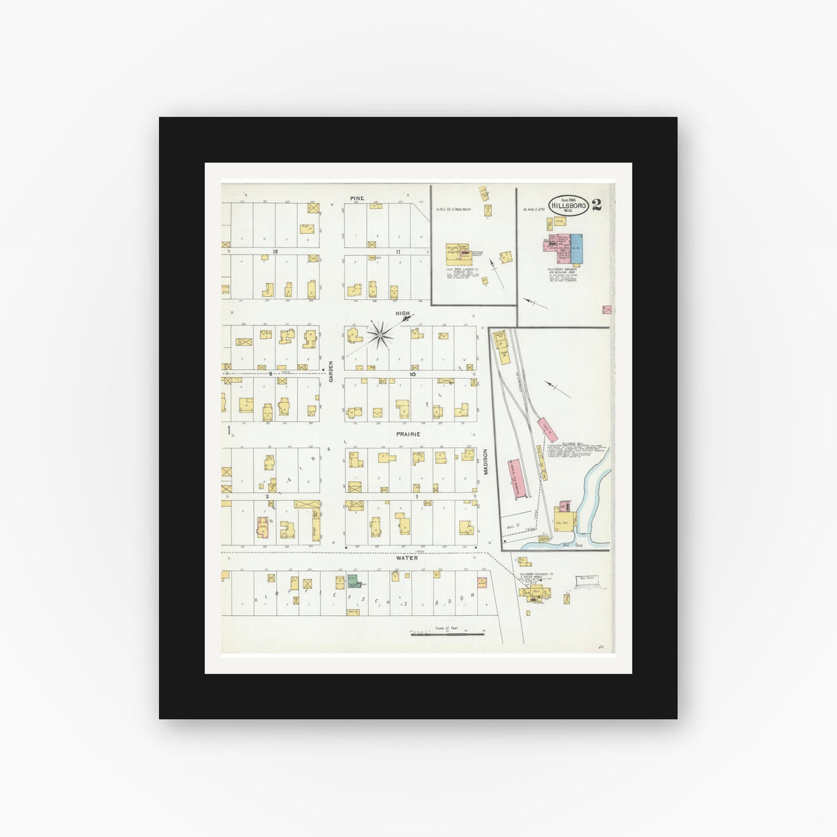 Old map wall art mockup — black gallery frame with white mat — Sanborn Fire Insurance Map from Hillsboro, Vernon County, Wisconsin (1904), Sheet #0002