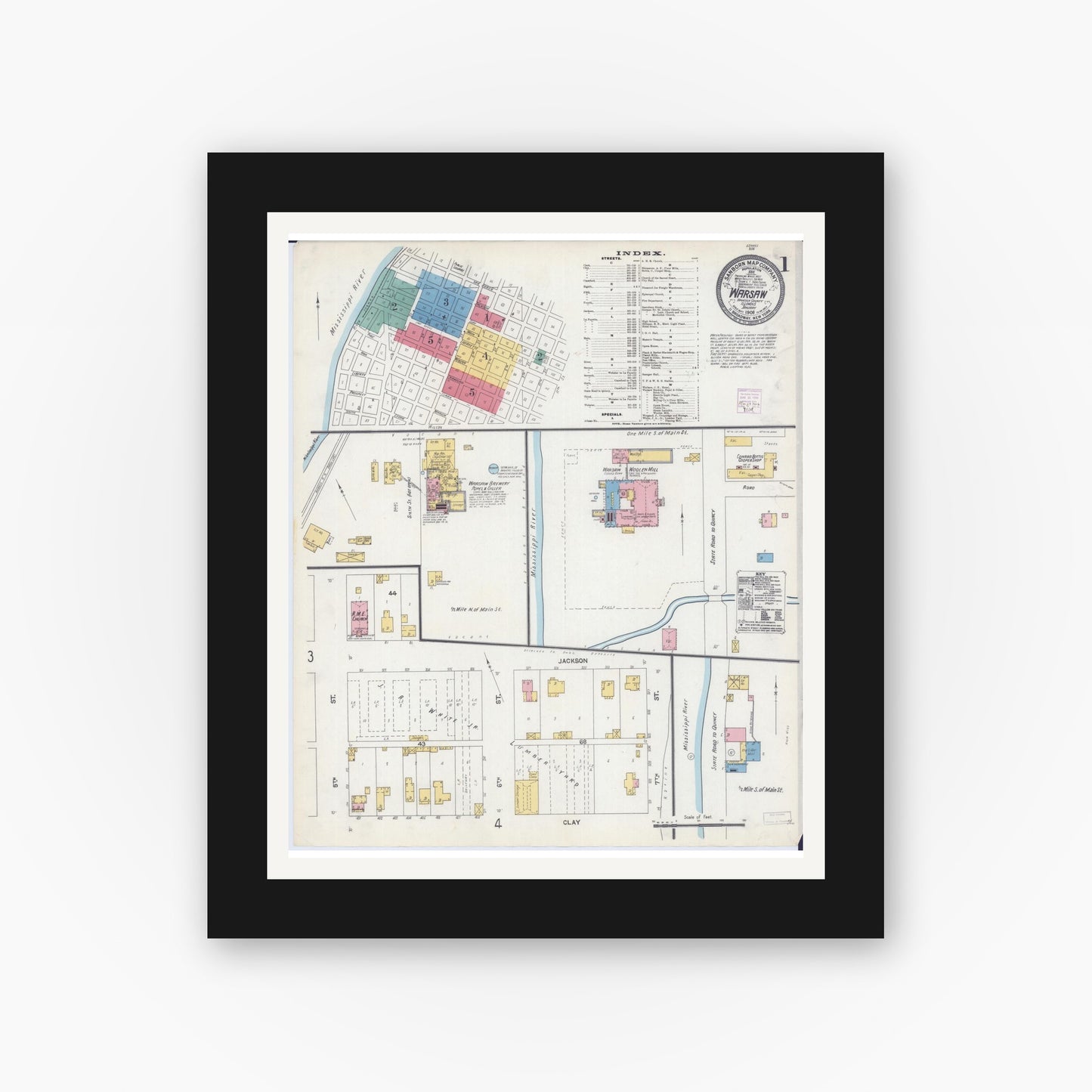 Old map wall art mockup — black gallery frame with white mat — Sanborn Fire Insurance Map from Warsaw, Hancock County, Illinois (1906) - Complete Map Set