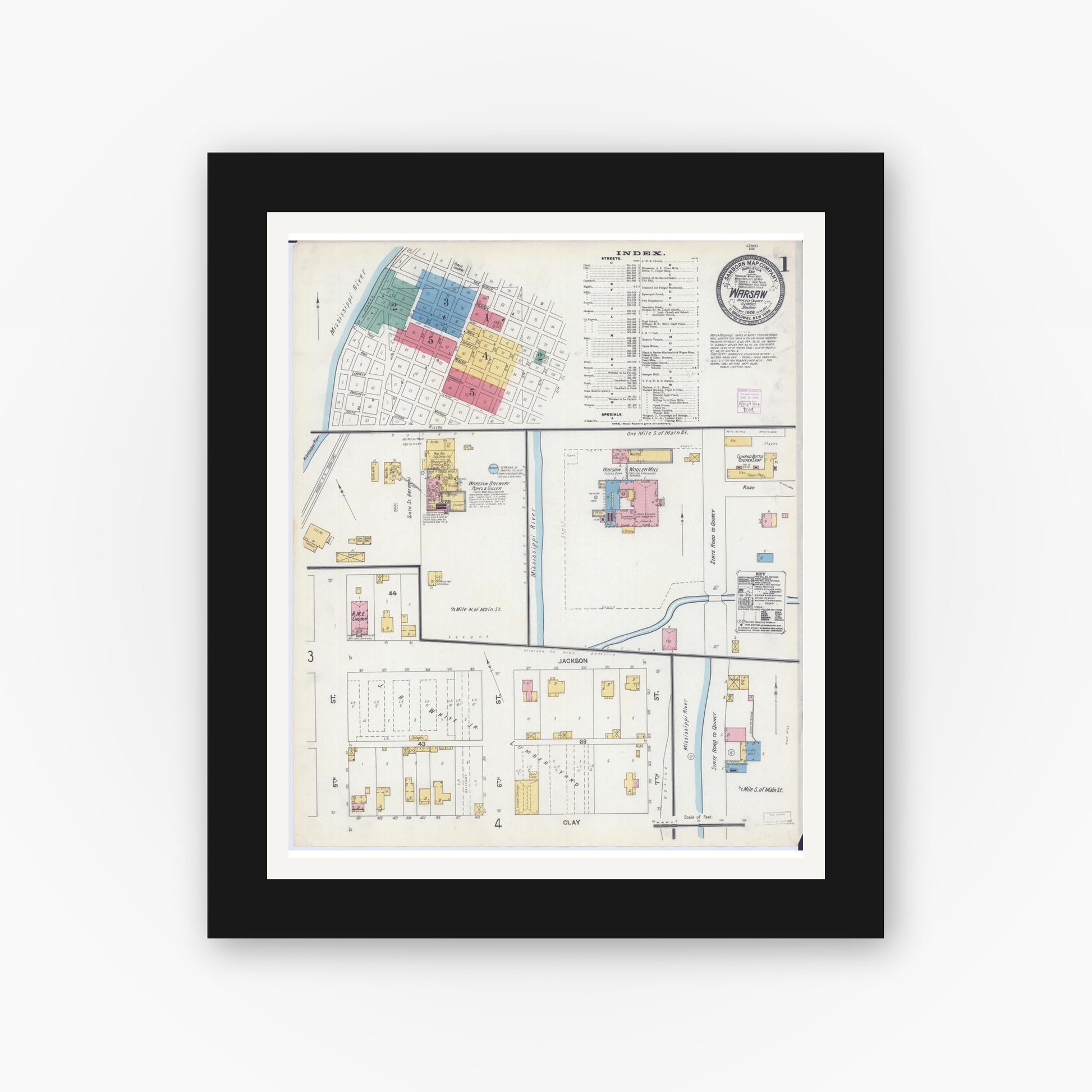 Old map wall art mockup — black gallery frame with white mat — Sanborn Fire Insurance Map from Warsaw, Hancock County, Illinois (1906) - Complete Map Set