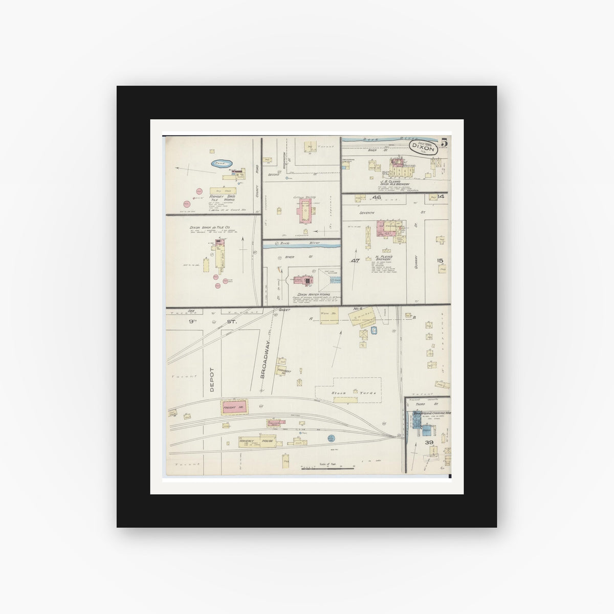 Old map wall art mockup — black gallery frame with white mat — Sanborn Fire Insurance Map from Dixon, Lee County, Illinois (1885), Sheet #0005