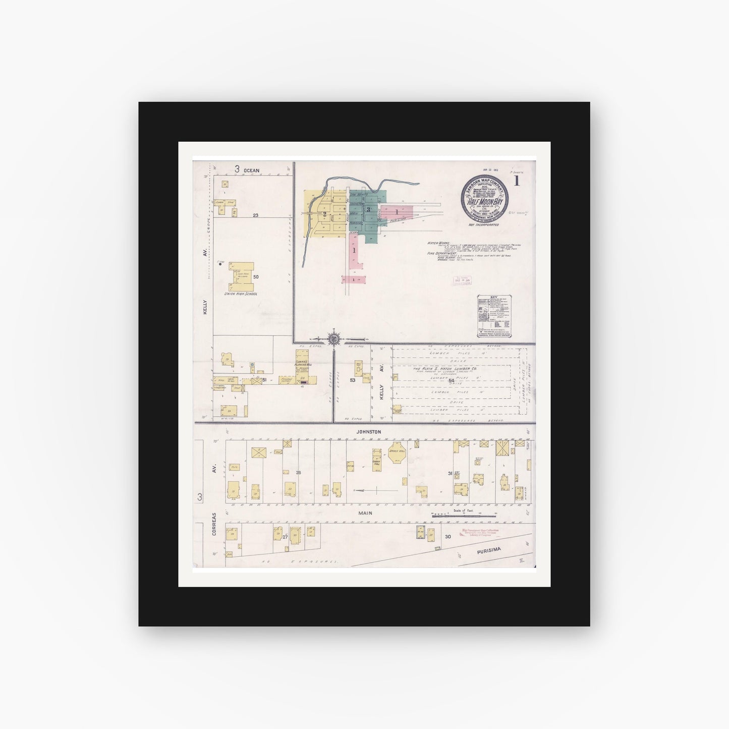 Old map wall art mockup — black gallery frame with white mat — Sanborn Fire Insurance Map from Half Moon Bay, San Mateo County, California (1911), Sheet #0001