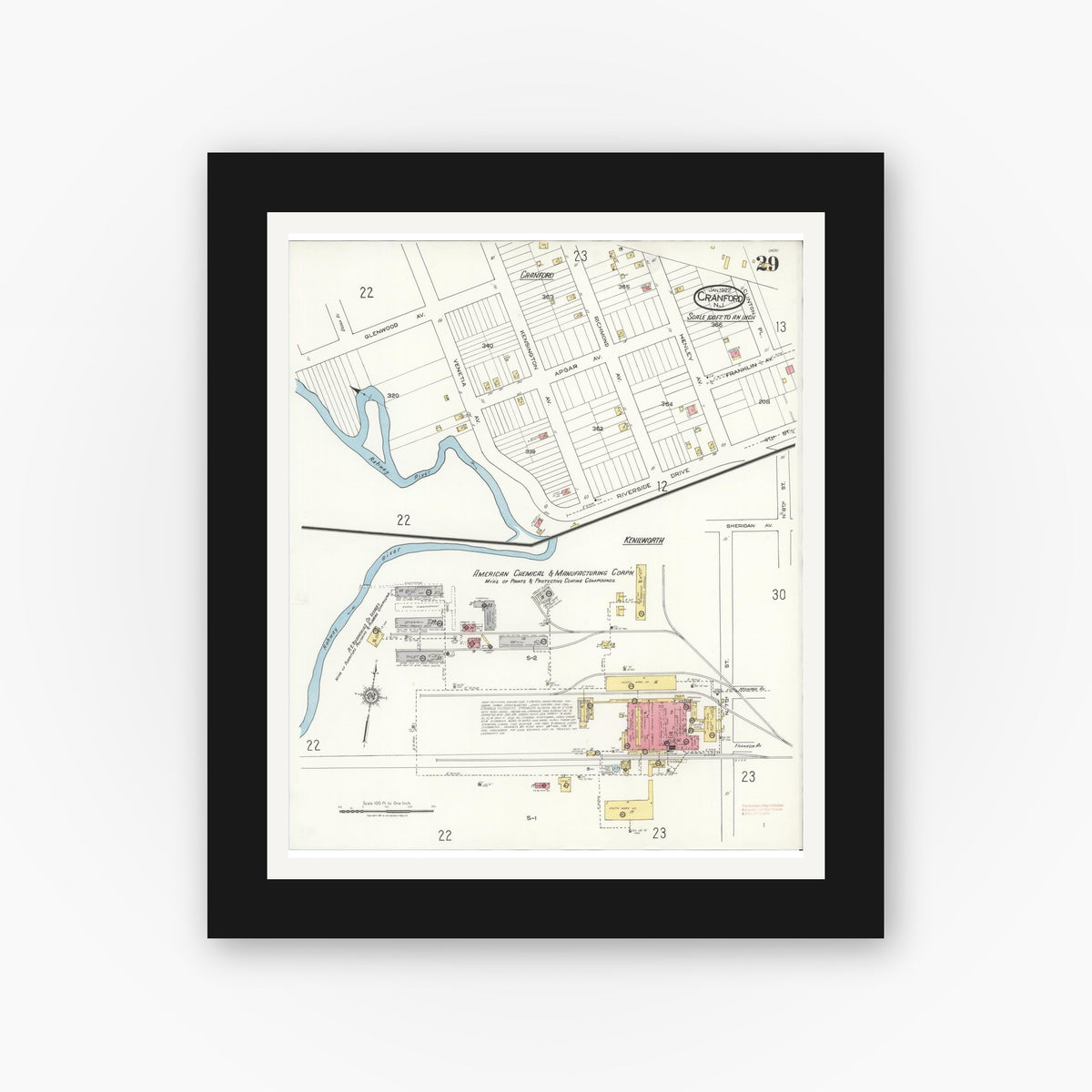 Old map wall art mockup — black gallery frame with white mat — Sanborn Fire Insurance Map from Cranford, Union County, New Jersey (1922), Sheet #0029