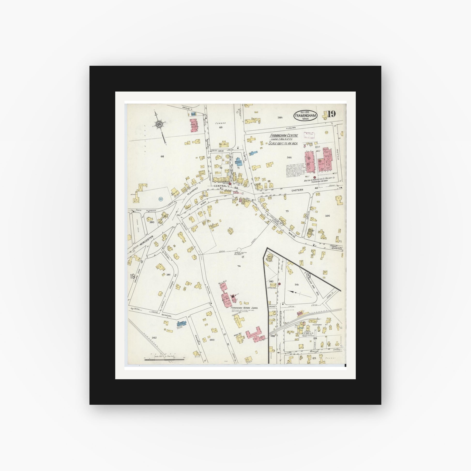 Old map wall art mockup — black gallery frame with white mat — Sanborn Fire Insurance Map from Framingham, Middlesex County, Massachusetts (1915), Sheet #0019