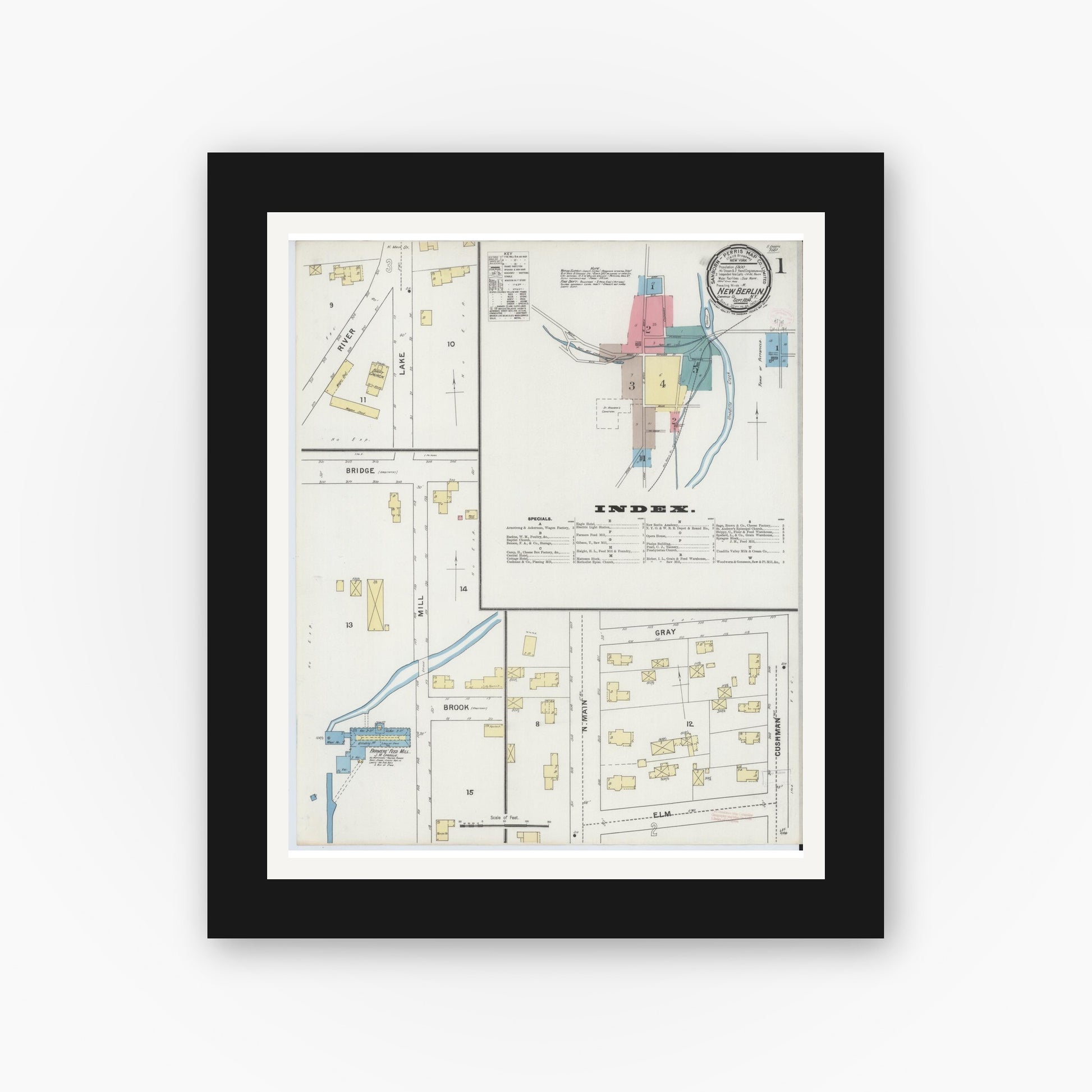 Old map wall art mockup — black gallery frame with white mat — Sanborn Fire Insurance Map from New Berlin, Chenango County, New York (1894) - Complete Map Set