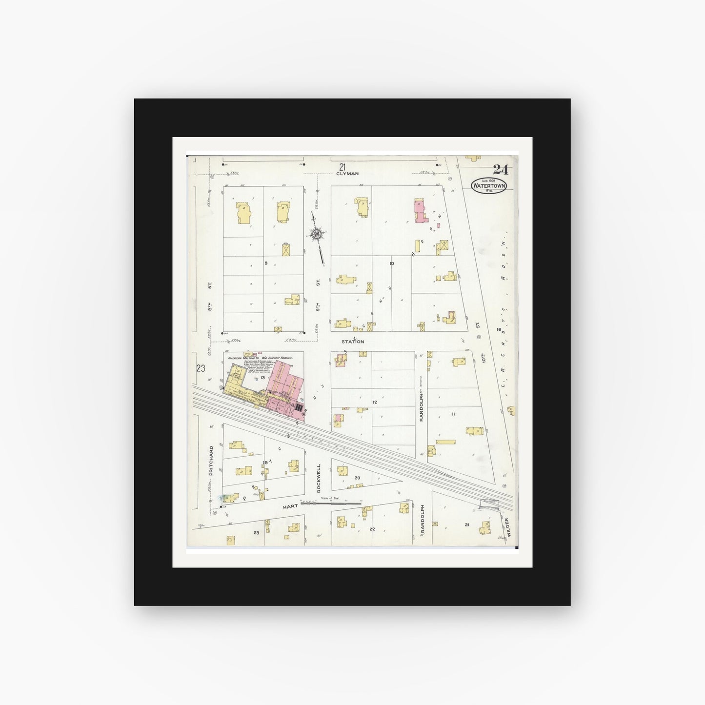 Old map wall art mockup — black gallery frame with white mat — Sanborn Fire Insurance Map from Watertown, Jefferson County, Wisconsin (1909), Sheet #0024