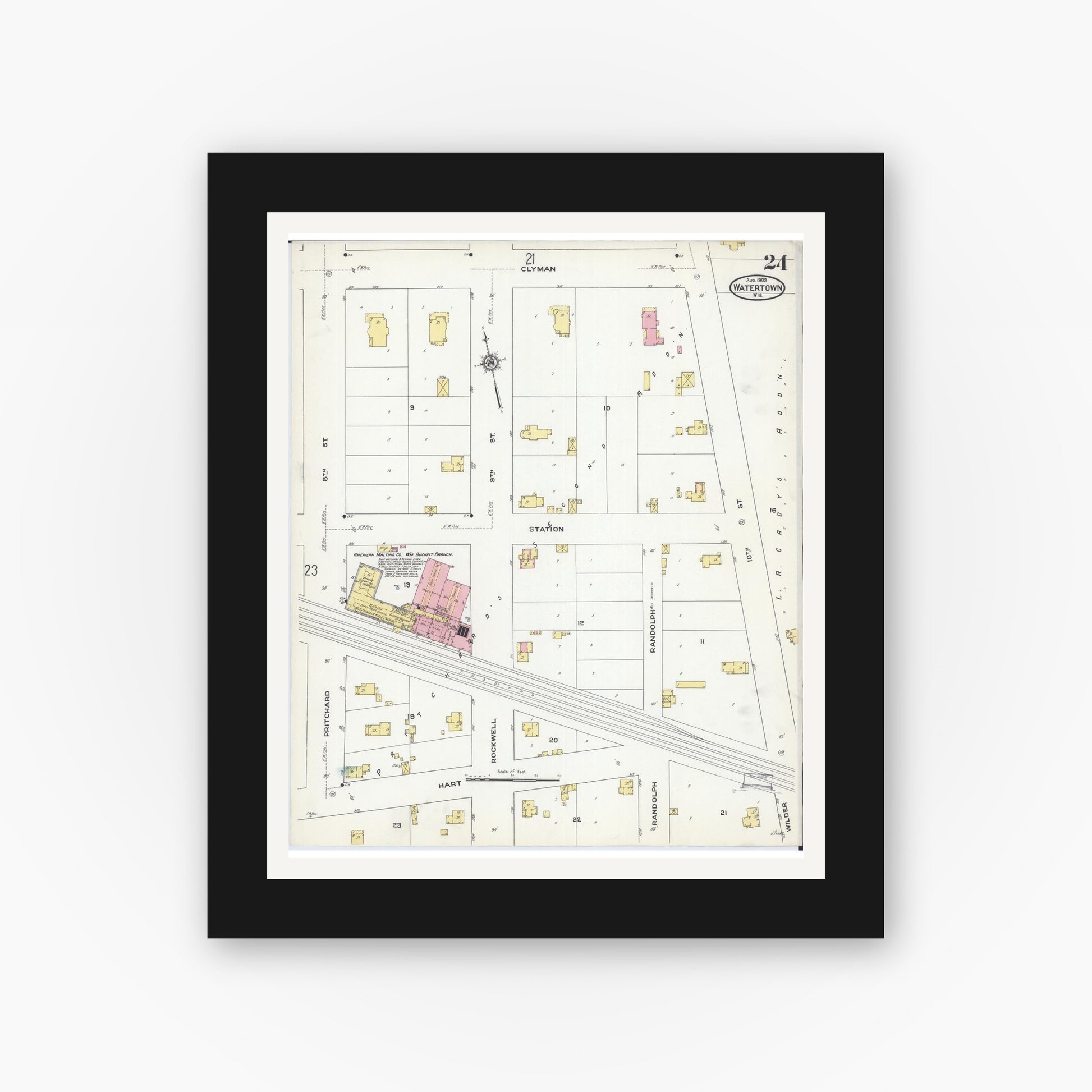 Old map wall art mockup — black gallery frame with white mat — Sanborn Fire Insurance Map from Watertown, Jefferson County, Wisconsin (1909), Sheet #0024
