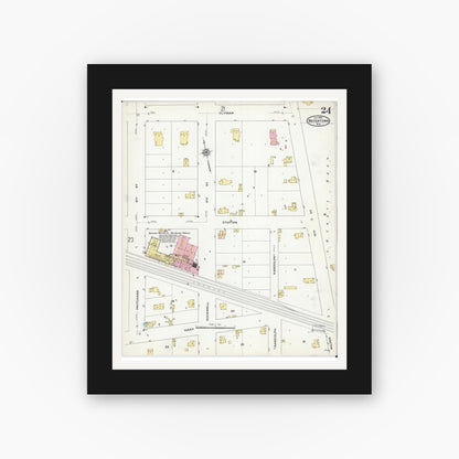Old map wall art mockup — black gallery frame with white mat — Sanborn Fire Insurance Map from Watertown, Jefferson County, Wisconsin (1909), Sheet #0024
