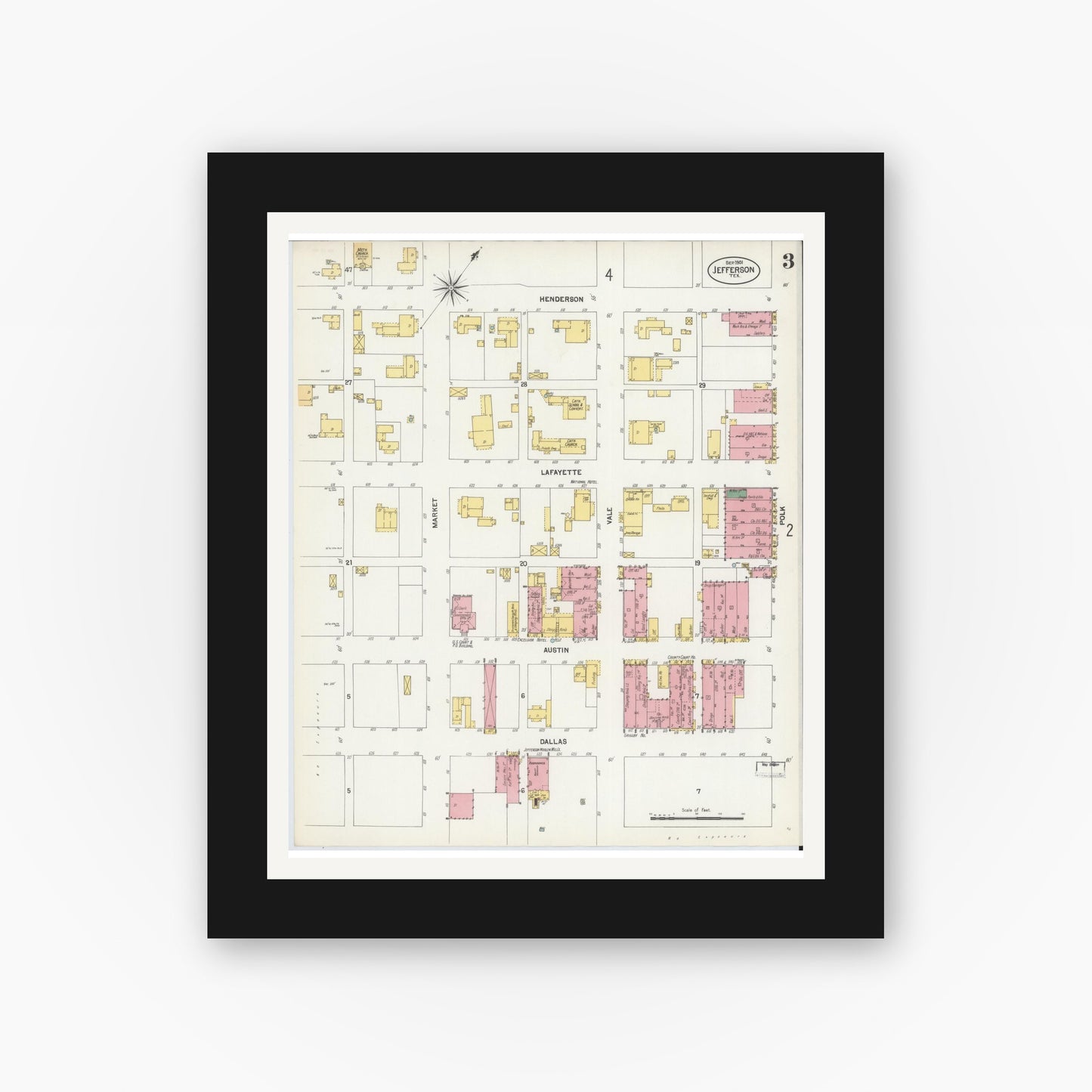 Old map wall art mockup — black gallery frame with white mat — Sanborn Fire Insurance Map from Jefferson, Marion County, Texas (1901), Sheet #0003